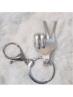 Silverware Art Fork Keychain Peace Sign Hand Gesture Unique Hand Sculpted